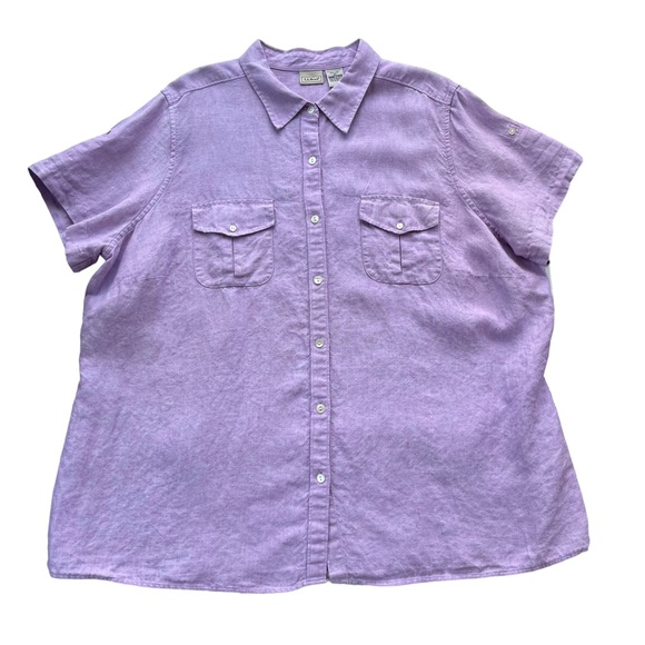 L.L. Bean Women’s 2X Purple Chambray 100% Linen Button Front Short Sleeve Shirt - Picture 2 of 12